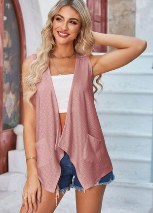 Eyelet Open Front Sleeveless Cardigan - MimiStylez