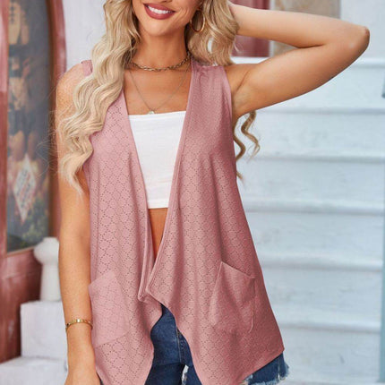 Eyelet Open Front Sleeveless Cardigan - MimiStylez