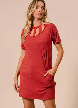 BiBi Front Cutout Mini Tee Dress with Pockets - MimiStylez