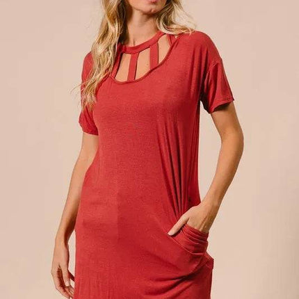 BiBi Front Cutout Mini Tee Dress with Pockets - MimiStylez