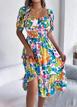 Ruffled Hem Smocked Floral Short Sleeve Midi Dress - MimiStylez