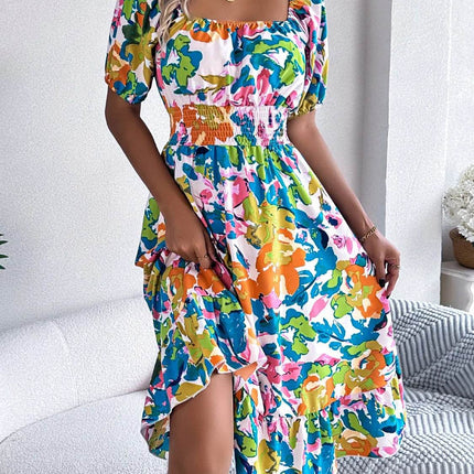 Ruffled Hem Smocked Floral Short Sleeve Midi Dress - MimiStylez