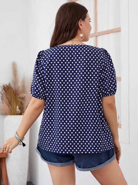 Plus Size Polka Dot Square Neck Blouse - MimiStylez