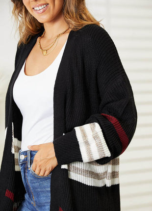 Striped Rib-Knit Drop Shoulder Open Front Cardigan - MimiStylez