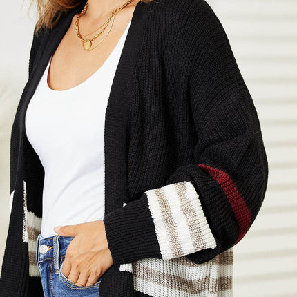 Striped Rib-Knit Drop Shoulder Open Front Cardigan - MimiStylez