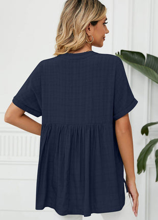 Side Slit Notched Neck Cuffed Short Sleeve Blouse - MimiStylez