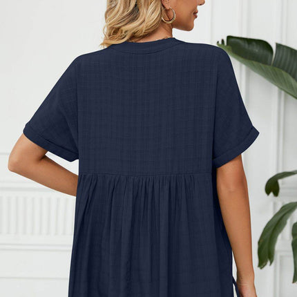 Side Slit Notched Neck Cuffed Short Sleeve Blouse - MimiStylez