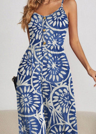 Decorative Button Spaghetti Strap Wide Leg Jumpsuit - MimiStylez