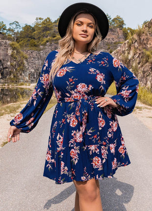 Plus Size V-Neck Long Sleeve Dress - MimiStylez