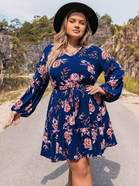 Plus Size V-Neck Long Sleeve Dress - MimiStylez