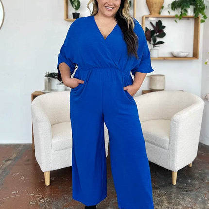 Double Take Full Size Surplice Wide Leg Jumpsuit with Pockets - MimiStylez