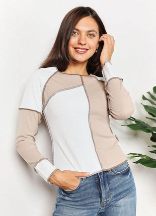 Double Take Color Block Exposed Seam Top - MimiStylez