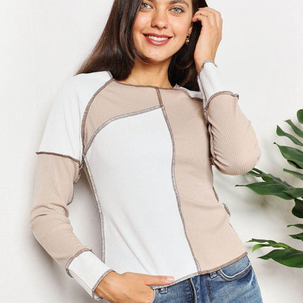 Double Take Color Block Exposed Seam Top - MimiStylez