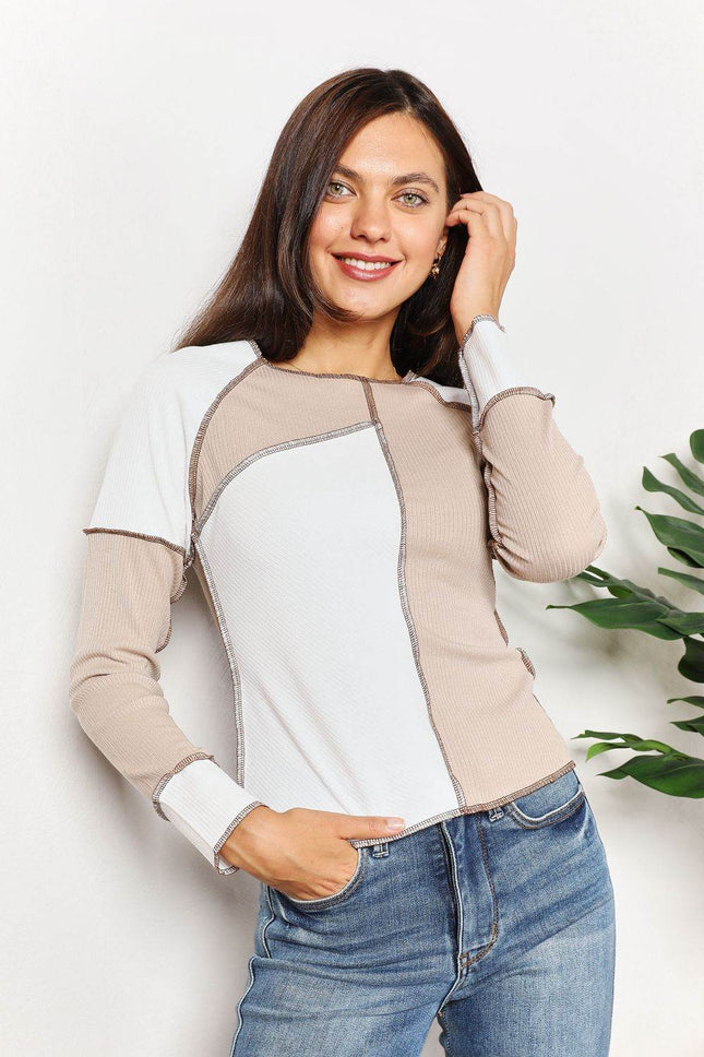 Double Take Color Block Exposed Seam Top - MimiStylez