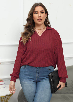 Plus Size Ribbed Collared Neck Long Sleeve Blouse - MimiStylez