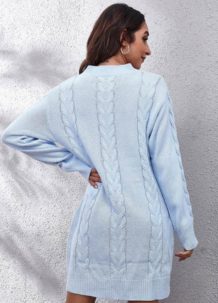 Cable-Knit Round Neck Sweater Dress - MimiStylez