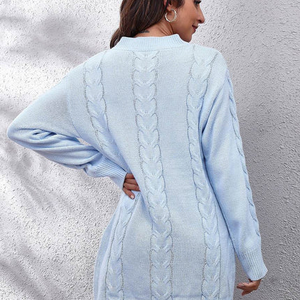 Cable-Knit Round Neck Sweater Dress - MimiStylez