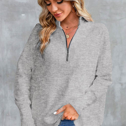Half Zip Pocketed Dropped Shoulder Sweatshirt - MimiStylez