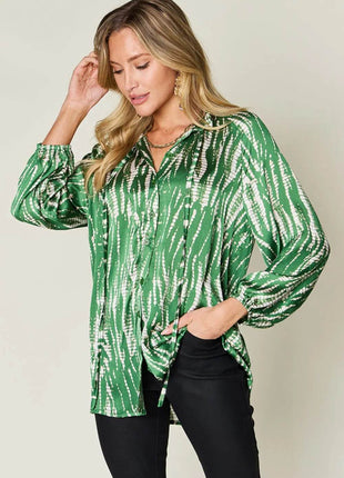 Double Take Full Size Printed Button Up Long Sleeve Shirt - MimiStylez
