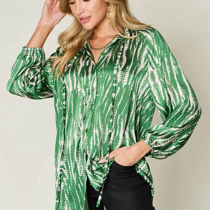 Double Take Full Size Printed Button Up Long Sleeve Shirt - MimiStylez