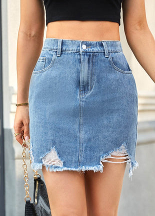 Distressed Raw Hem Denim Skirt - MimiStylez