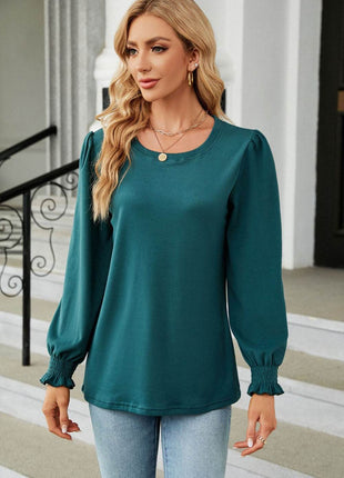Round Neck Smocked Flounce Sleeve Blouse - MimiStylez