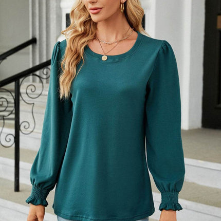 Round Neck Smocked Flounce Sleeve Blouse - MimiStylez