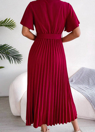 Pleated Flutter Sleeve Belted Dress - MimiStylez