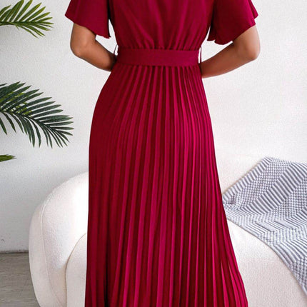 Pleated Flutter Sleeve Belted Dress - MimiStylez