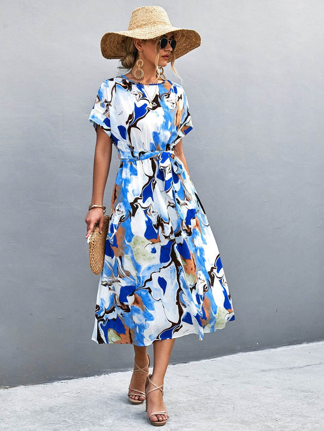 Round Neck Short Sleeve Tie Waist Midi Dress - MimiStylez