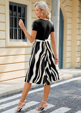 Printed Tie Waist Short Sleeve Dress - MimiStylez