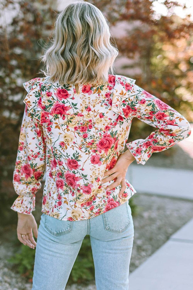 Floral Round Neck Smocked Blouse - MimiStylez