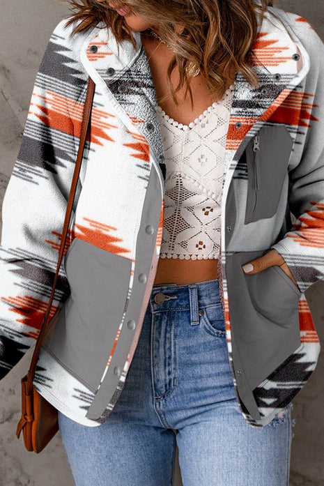 Printed Snap Down Hooded Jacket - MimiStylez