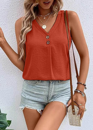 Full Size Decorative Button V-Neck Tank - MimiStylez