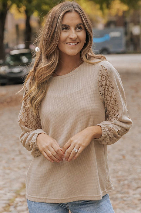 Waffle-Knit Round Neck Long Sleeve Blouse - MimiStylez