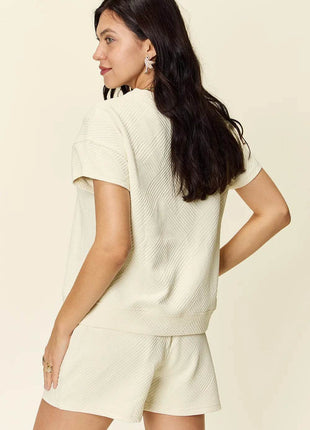 Double Take Full Size Texture Short Sleeve T-Shirt and Drawstring Shorts Set - MimiStylez