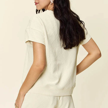 Double Take Full Size Texture Short Sleeve T-Shirt and Drawstring Shorts Set - MimiStylez