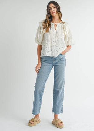 MABLE Eyelet Lace Ruffle Shoulder Puff Sleeve Blouse - MimiStylez