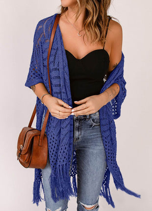 Openwork Open Front Cardigan with Fringes - MimiStylez