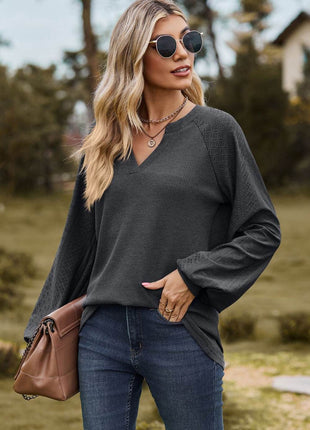 Notched Neck Raglan Sleeve Blouse - MimiStylez