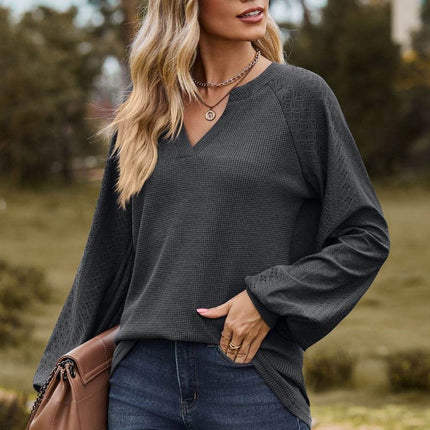 Notched Neck Raglan Sleeve Blouse - MimiStylez