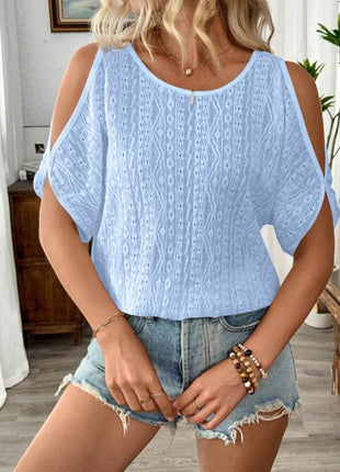 Eyelet Cold Shoulder Round Neck Blouse - MimiStylez