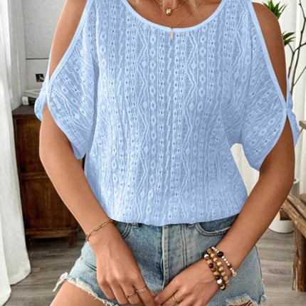 Eyelet Cold Shoulder Round Neck Blouse - MimiStylez