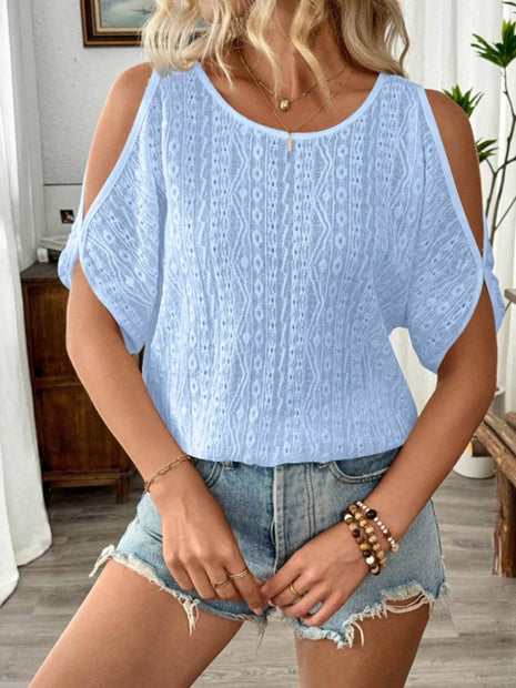 Eyelet Cold Shoulder Round Neck Blouse - MimiStylez