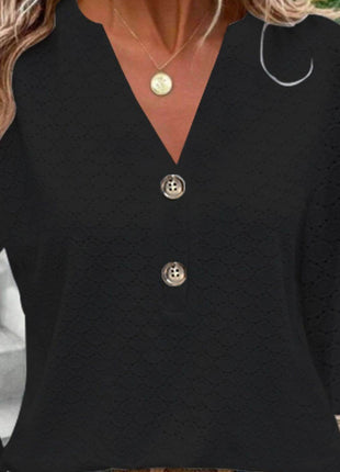 Eyelet Notched Long Sleeve T-Shirt - MimiStylez