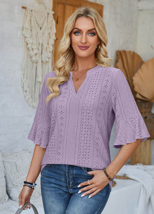 Eyelet Notched Half Sleeve T-Shirt - MimiStylez