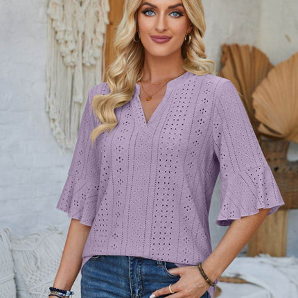 Eyelet Notched Half Sleeve T-Shirt - MimiStylez