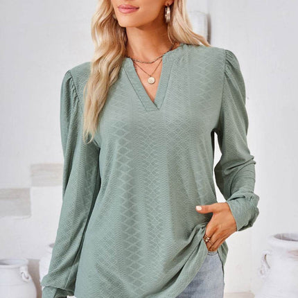 V-Neck Puff Sleeve Blouse - MimiStylez