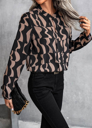 Printed Notched Long Sleeve Blouse - MimiStylez