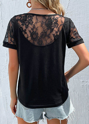 Spliced Lace Round Neck Short Sleeve Top - MimiStylez